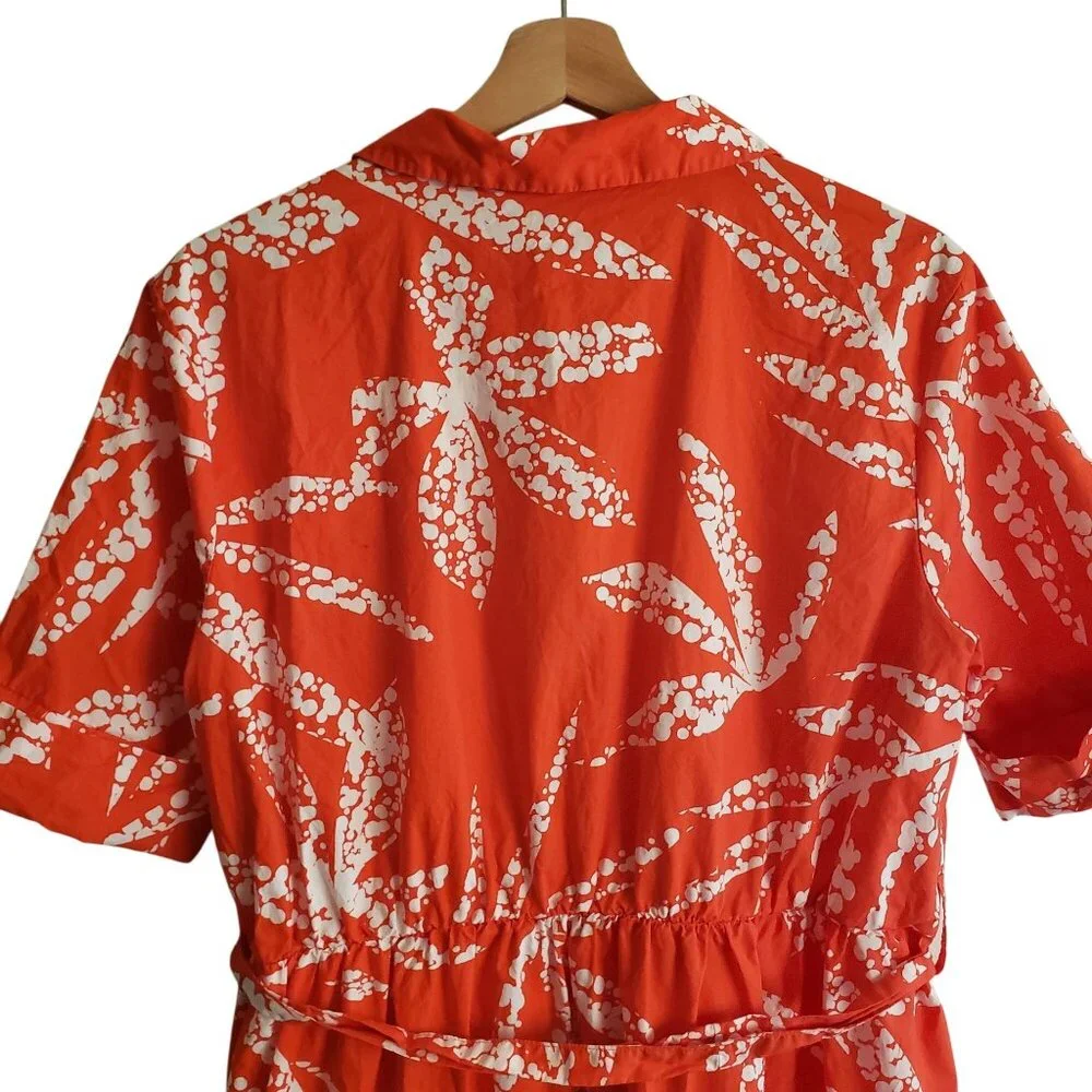 DKNY Red-Orange Print Shirt Dress 12 White Leaf Print Cotton Midi - Picture 9 of 12